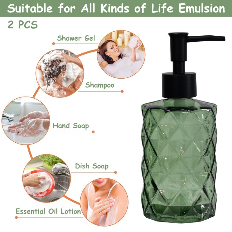 YYTSGG Green Glass Soap Dispenser with Black Plastic Pump  12oz Refillable Liquid Hand Soap Dispenser  2 Pack Crystal Lotion Bottle for Modern Home Decor  Bathroom  Kitchen Countertop  Hotel - Image 4